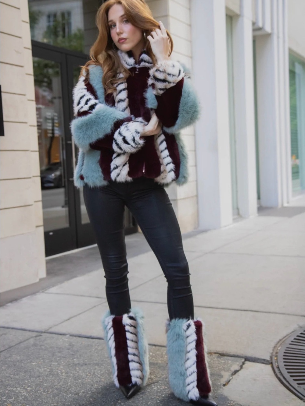 NEVER WORN Azalea Wang Women’s Burgundy & Mint Fur-Trim Pointed Toe Heeled Boots